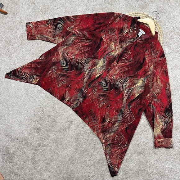 Catherines Collared Button-Up Top Blouse Asymmetric Artsy Boho Red Plus Size 3X - Picture 3 of 12